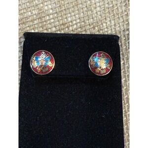 Vintage Enamel Butterfly Stud Earrings Red Blue Gold Tone Cloisonne Style Round